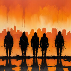 Abstract oil painting: gritty, distressed background with silhouetted figures against vibrant orange sky, detailed brush strokes