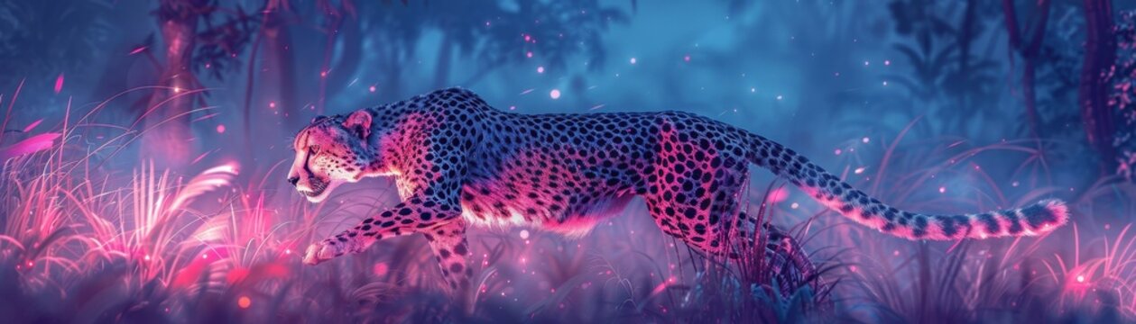 Stunning digital artwork of a leopard walking through a vibrant, ethereal forest illuminated with neon colors creating a surreal atmosphere.