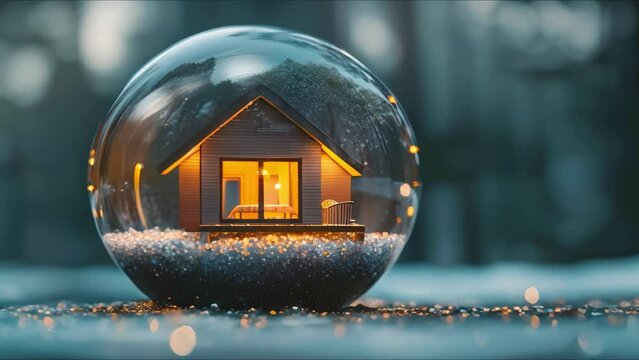 A tiny modern winter house inside a glass ball on a dark background symbolizing real estate concepts. Concept Real Estate, Winter House, Glass Ball, Dark Background, Modern Design