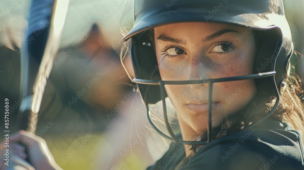 Poster determined softball player prepares to swing with blurred pitcher in background