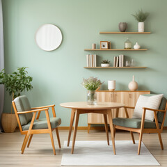 Mint color chairs at round wooden dining table in room with sofa and cabinet near green wall. Scandinavian, mid-century home interior design of modern living room