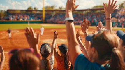 Energetic Crowd Doing the Wave at a Dynamic Softball Stadium at Dusk - Perfect for Sports Advertising