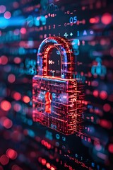 A digital padlock symbolizes cybersecurity in a backdrop of streaming binary data and digital information