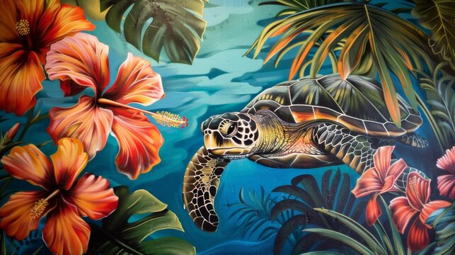 Vibrant murals of hibiscus flowers and sea turtles decorate the walls of the stand.