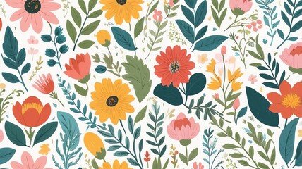 Beautiful flowers, leaves, branches Seamless pattern. Vector illustration. White background.