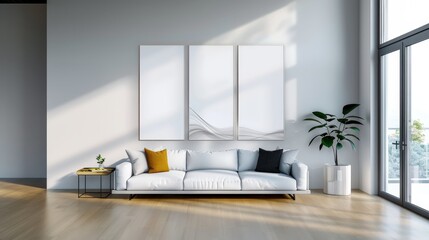 Minimalist Living Room with White Sofa and Artwork.