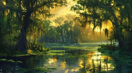 Obraz premium A bayou, with still waters reflecting the surrounding cypress trees and Spanish moss.