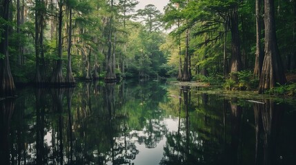 A bayou, with still waters reflecting the surrounding cypress trees and Spanish moss.