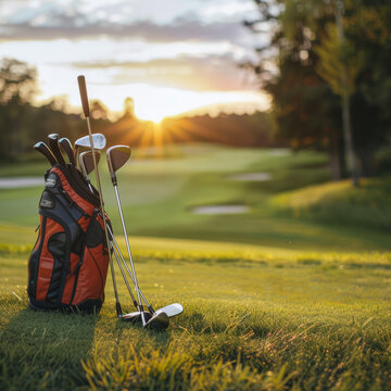 golf club and ball on green grass in golf field at afternoon