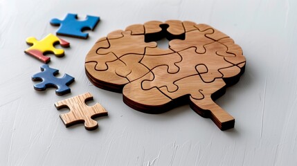 Wooden brain puzzle with missing pieces symbolizing cognitive challenges in mental health or memory loss