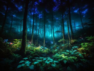 Fototapeta premium A Bioluminescent Nighttime Wonderland, A mesmerizing digital artwork depicting an enchanted forest bathed in the ethereal glow of bioluminescent plants and mushrooms