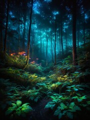  A Bioluminescent Nighttime Wonderland, A mesmerizing digital artwork depicting an enchanted forest bathed in the ethereal glow of bioluminescent plants and mushrooms
