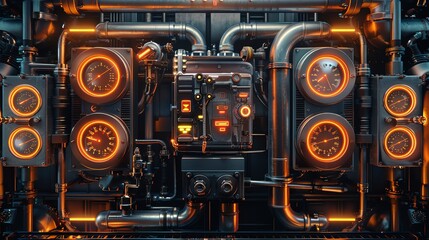 Industrial machine with pipes and gauges, neon lighting, futuristic