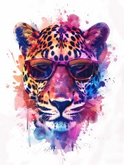 leopard wear sunglasses with paint splash art illustration