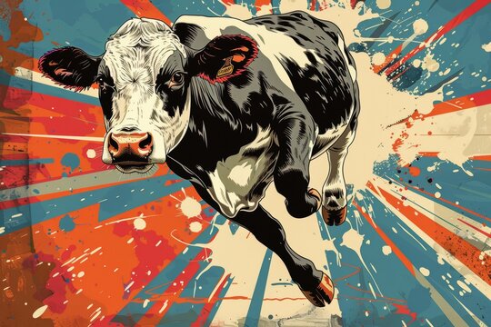 Comic Book Style Cow Superhero in Dynamic Pose with Vibrant Action-Packed Background