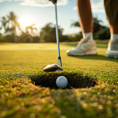 golf club and ball in hole on green grass
