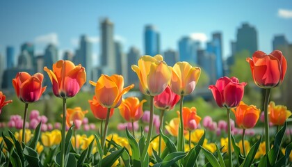 Fototapeta premium Tulips in front of a city skyline, clear sky, vibrant colors, lowangle shot