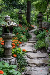 Tranquil Japanese garden path with stone lanterns and vibrant plants, serene setting