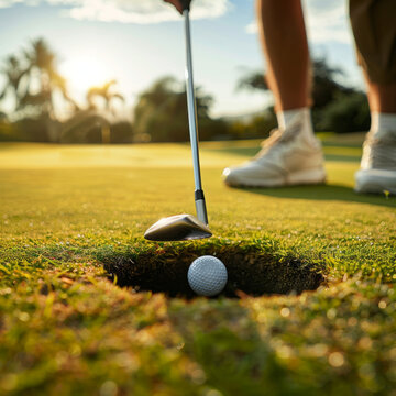 golf club and ball in hole on green grass