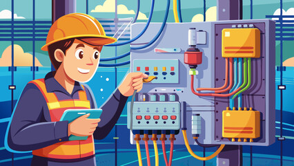 male electrician works in a switchboard with an electrical cable.