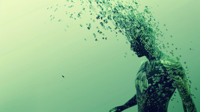 A futuristic digital human dissolves into small square particles, merging into a green, tech-inspired background, symbolizing data and AI.