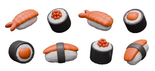 Collection of rolls and nigiri in 3D cartoon style. Appetizing portions