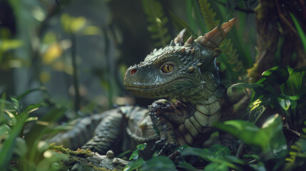 Obraz premium A majestic, mythical dragon rests among lush greenery, its textured scales and keen eyes highlighted by soft, ambient light.