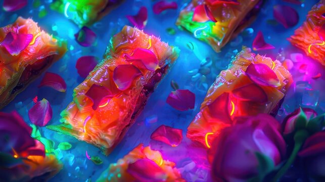 Neon baklava with rose petals, topdown view, glowing neon colors, evening ambiance, intricate textures, bright hues, whimsical feel, shallow depth of field