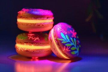 Obraz premium Neon macarons with floral decor, side view, radiant neon lighting, evening glow, intricate details, vibrant tones, artistic style, shallow depth of field