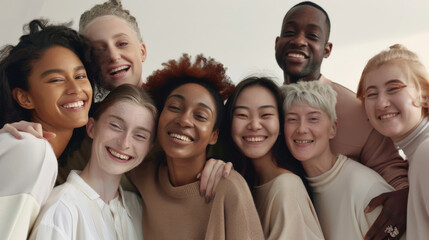 Obraz premium A joyous, diverse group of people huddles closely, smiling and laughing, showcasing unity and friendship in an intimate setting.