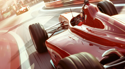 A sleek red race car speeds through the track, capturing the thrill, precision, and competitive spirit of high-speed motorsport racing.