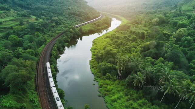 A train curves through lush, green hills alongside a reflective river, bathed in the soft light of dawn, creating a serene and picturesque landscape.