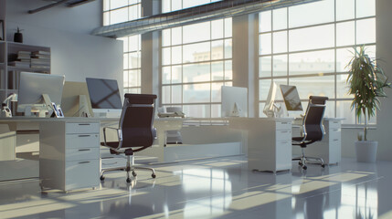 Sunlit modern office space with sleek white desks, ergonomic chairs, and large windows allowing natural light to flood the room.