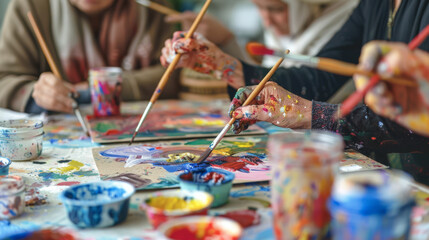 A lively painting session with multiple hands covered in paint, each working on colorful canvases, reflecting shared creativity and enthusiasm.