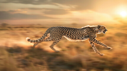 Obraz premium A cheetah sprinting across a sunlit savannah, radiating strength, agility, and wild beauty amidst a blurred golden landscape.