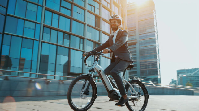 A cheerful man rides an electric bike on a sunny day, surrounded by modern glass buildings.