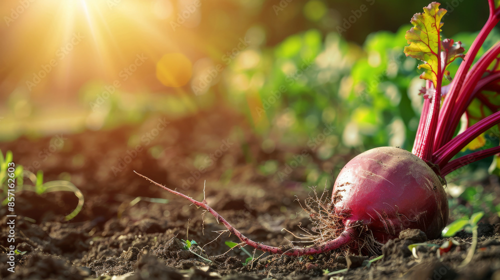 Canvas Prints A vibrant red radish sits partially unearthed in a lush garden, bathed in golden sunlight, embodying the freshness of organic farming.