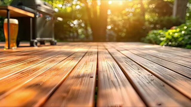 Clean wooden deck with a blurred beer cooler next to a grill. Concept Outdoor Entertaining, Home Improvement, Barbecue Season, Deck Maintenance, Outdoor Living