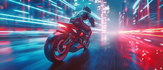 View from the back of a professional smart motorbike rider wearing a helmet as they accelerate through a futuristic cityscape filled with neon lights.