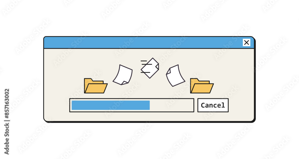 Poster file copy and save process window in retro style, 90s ui design data information, documents moving b