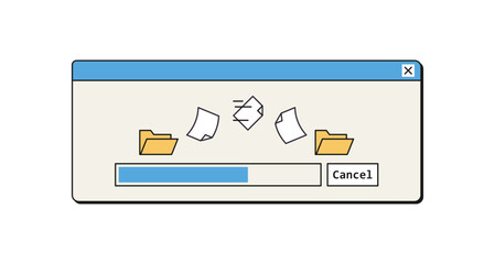 File copy and save process window in retro style, 90s ui design data information, documents moving between computer files, progress isolated flat vector illustration.
