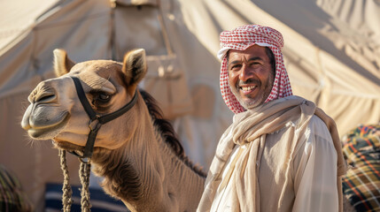 Obraz premium A cheerful man and his camel stand in front of a desert tent, embodying the bond between human and animal in a traditional, serene setting.