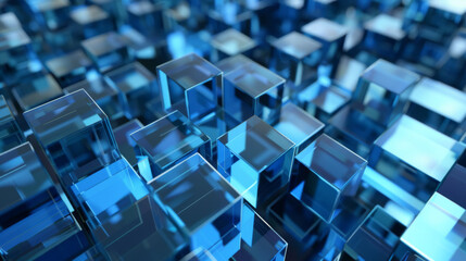 Obraz premium A cluster of transparent blue cubes, orderly yet abstract, creating a geometric pattern with varying reflections and light.