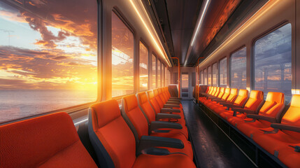 Fototapeta premium Empty train carriage at sunset, bathed in a golden glow with brightly colored seats and large windows providing a scenic view of the horizon.