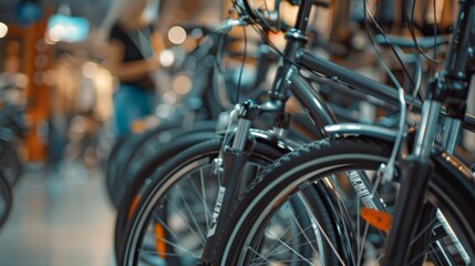 Obraz premium A close-up of bicycles lined up in a store