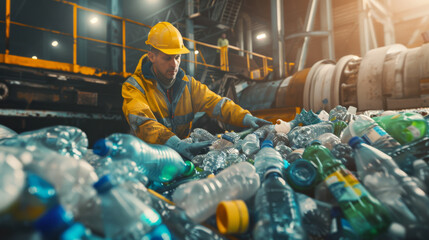 Fototapeta premium A diligent worker in safety gear sorts through plastic bottles in a recycling facility under bright lights, promoting a message of sustainability.