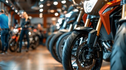 A row of motorcycles on display in a showroom