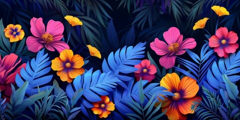Colorful Floral Illustration With Blue Tropical Leaves