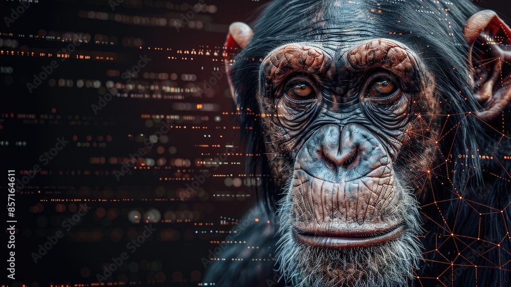 Poster chimpanzee portrait with digital network overlay and data points