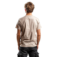 Obraz premium Back view mid body shot of a 25-year-old handsome Caucasian man wearing a beige T-shirt and black cargo shorts isolated on a white transparent background